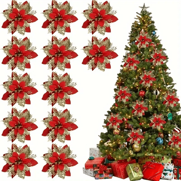 Gold & Red Glitter Poinsettias | Holiday Decorations - Image 6