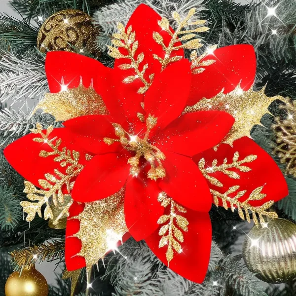 Gold & Red Glitter Poinsettias | Holiday Decorations